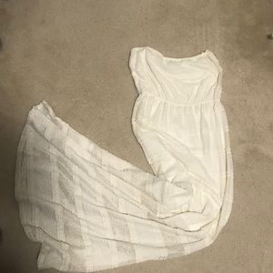 Cream, strapless, lace dress.